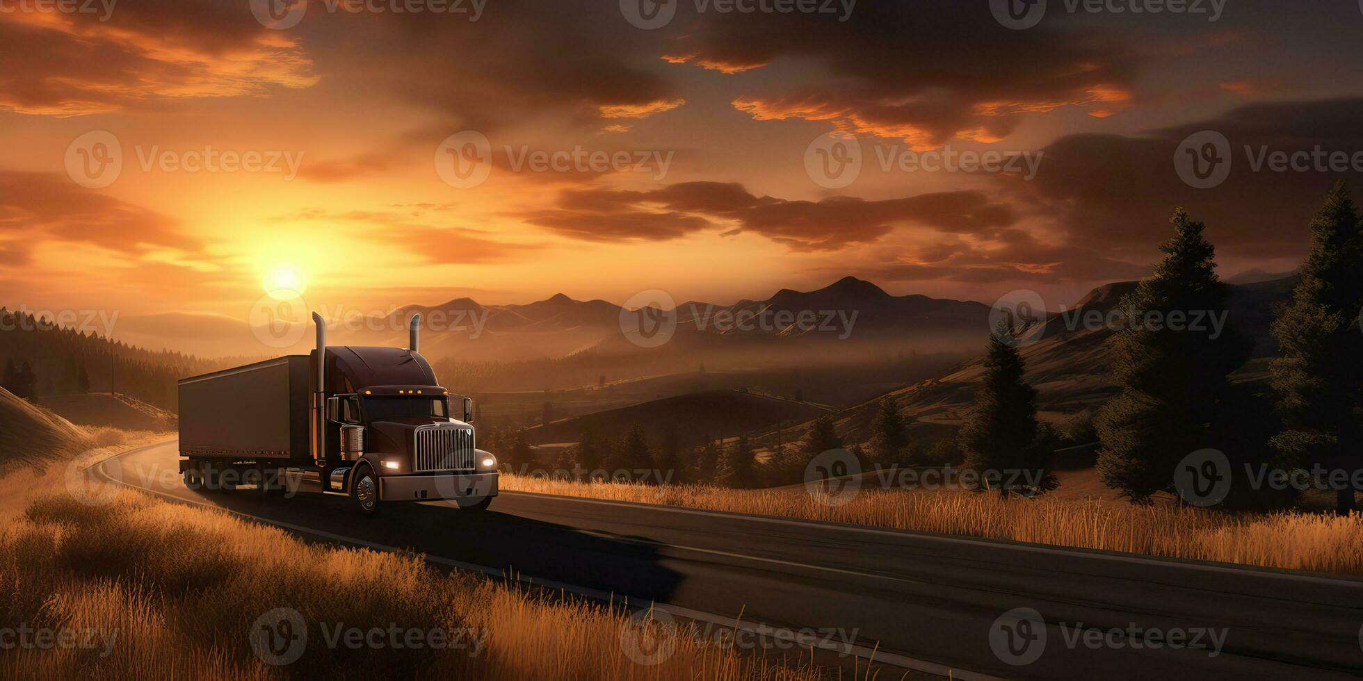 AI Generated. AI Generative. Truck auto mobile  at road highway parking with sunset country side landscape background. Graphic Art photo