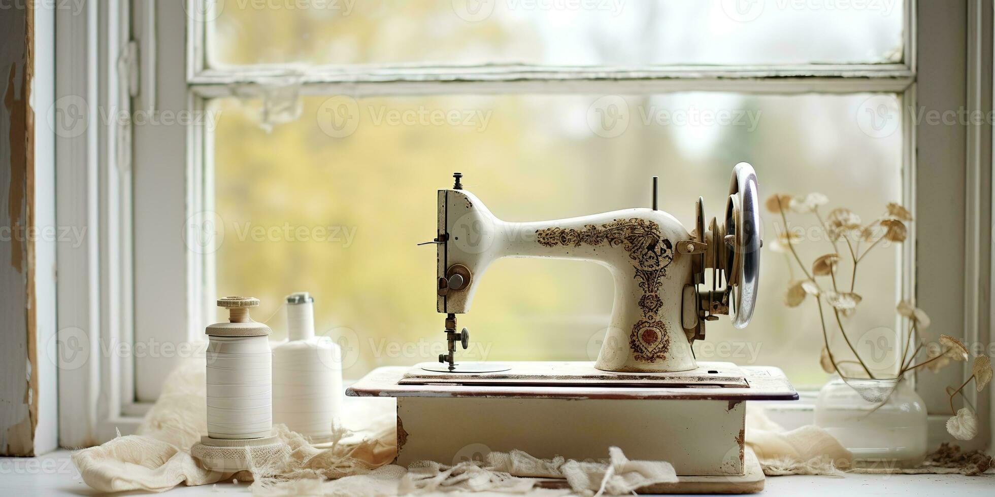 AI Generated. AI Generative. Vintage retro sewing machine on window with flowers. Decorative home cozy background. Graphic Art photo