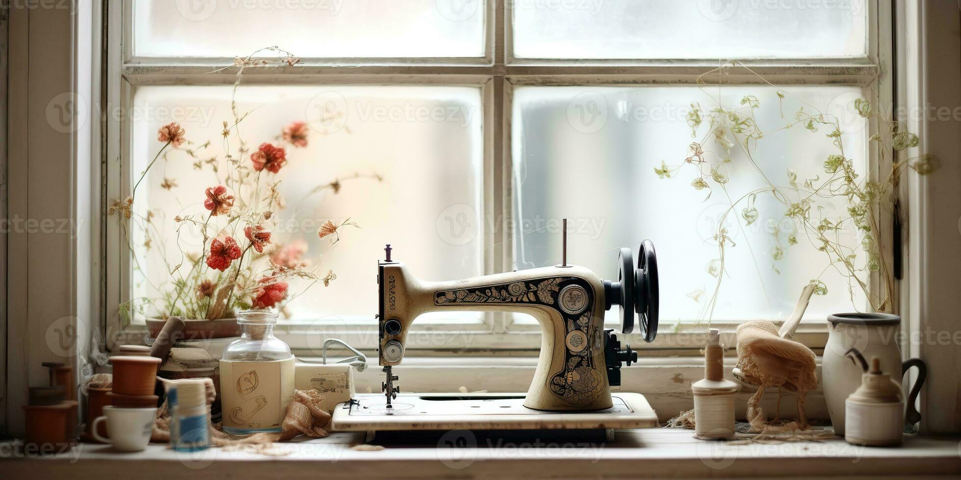 AI Generated. AI Generative. Vintage retro sewing machine on window with flowers. Decorative home cozy background. Graphic Art photo