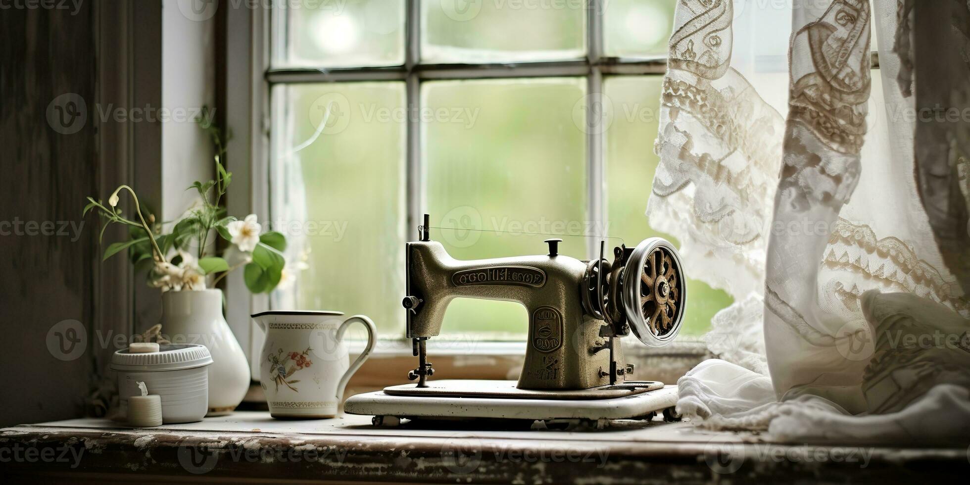 AI Generated. AI Generative. Vintage retro sewing machine on window with flowers. Decorative home cozy background. Graphic Art photo