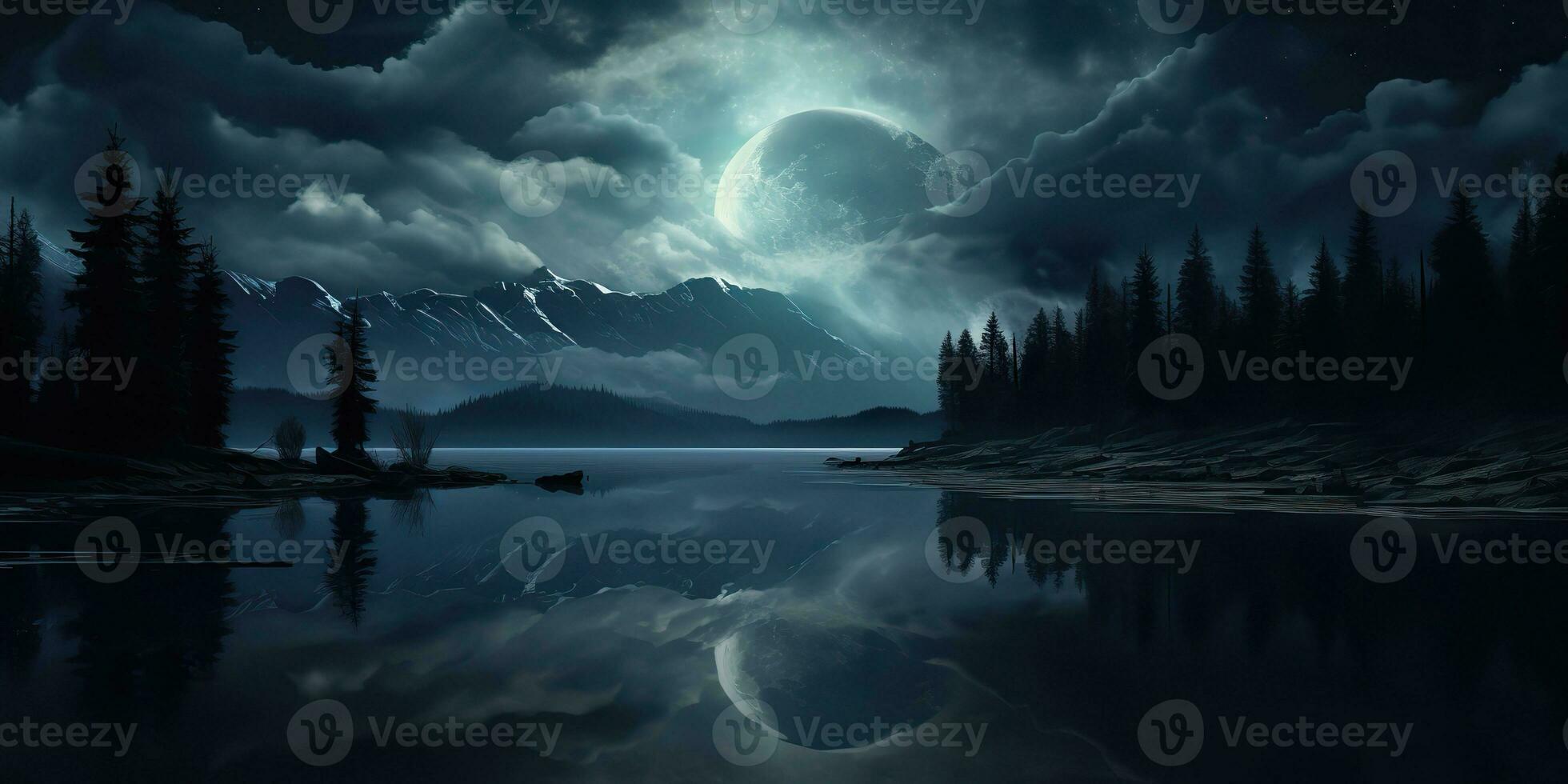 AI Generated. AI Generative. Evening night nature outdoor landscape background full moon and mountains. Graphic Art photo