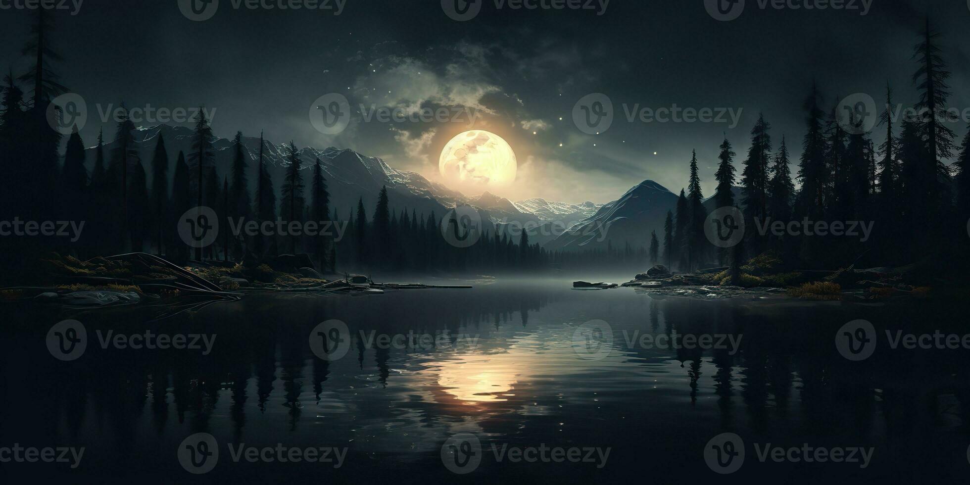 AI Generated. AI Generative. Evening night nature outdoor landscape background full moon and mountains. Graphic Art photo