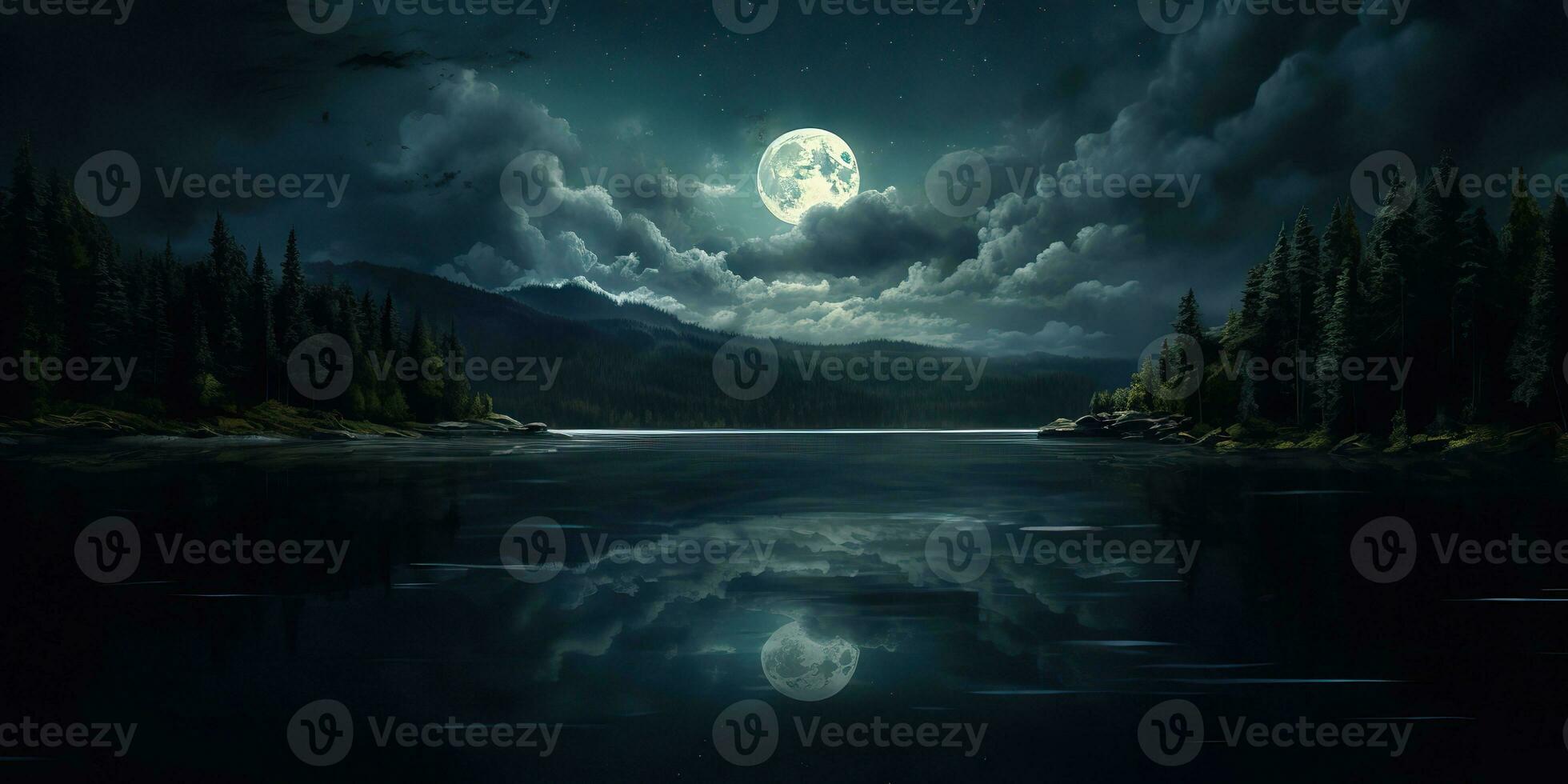 AI Generated. AI Generative. Evening night nature outdoor landscape background full moon and mountains. Graphic Art photo