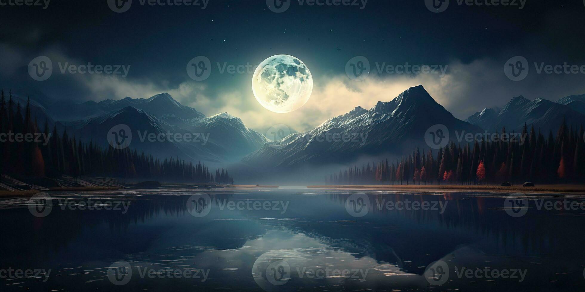 AI Generated. AI Generative. Evening night nature outdoor landscape background full moon and mountains. Graphic Art photo