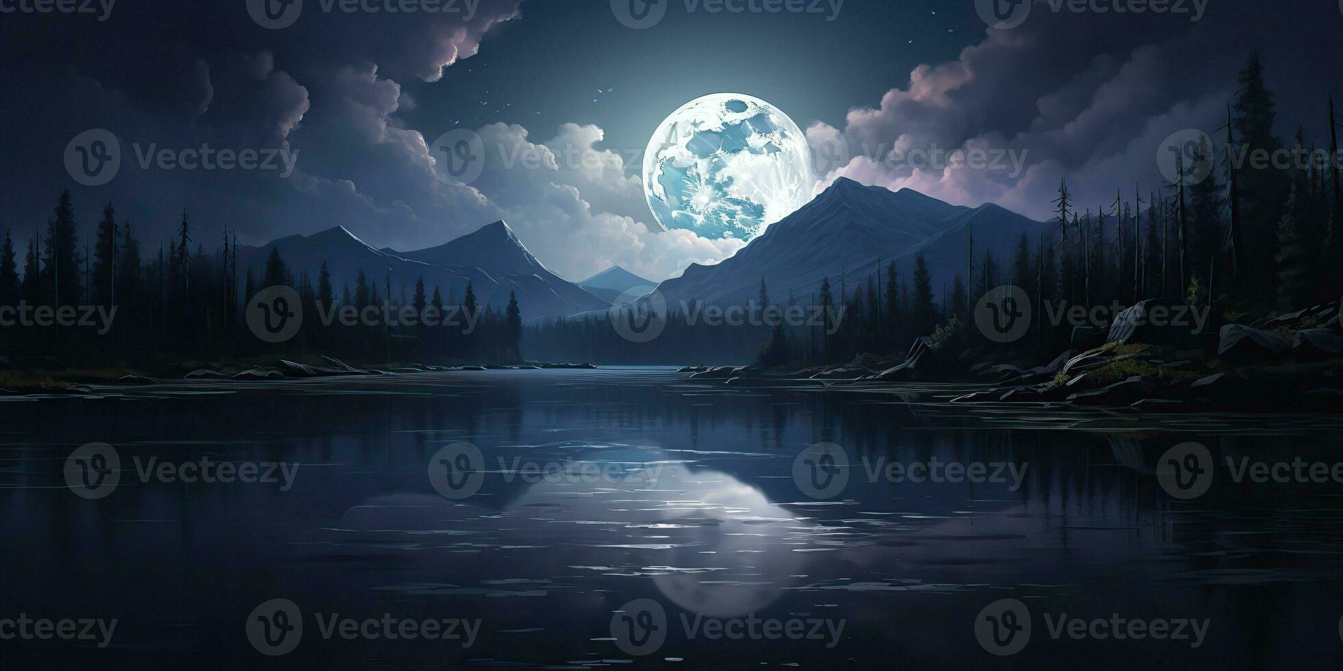 AI Generated. AI Generative. Evening night nature outdoor landscape background full moon and mountains. Graphic Art photo