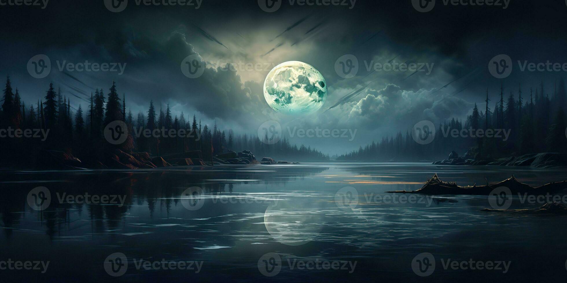 AI Generated. AI Generative. Evening night nature outdoor landscape background full moon and mountains. Graphic Art photo