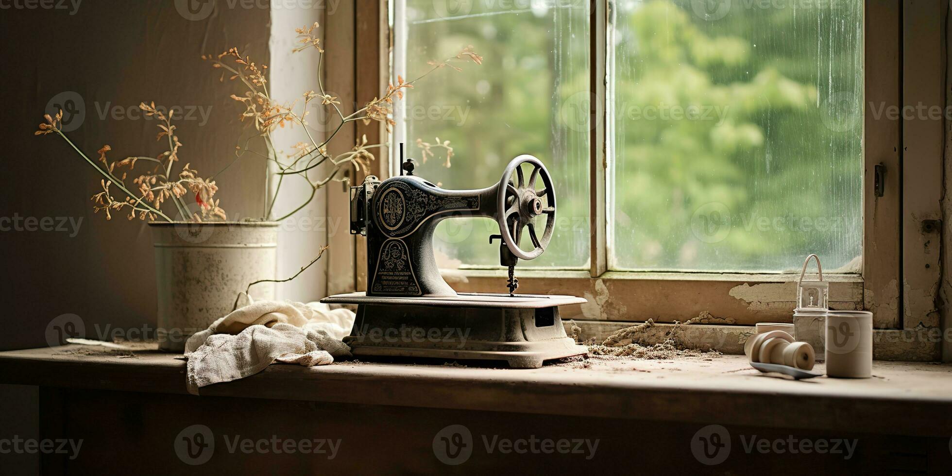 AI Generated. AI Generative. Vintage retro sewing machine on window with flowers. Decorative home cozy background. Graphic Art photo