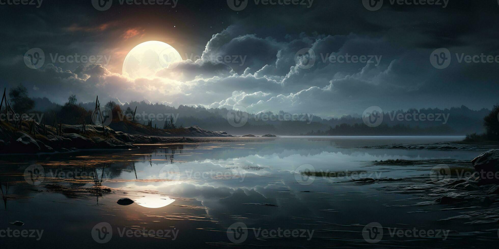 AI Generated. AI Generative. Evening night nature outdoor landscape background full moon and mountains. Graphic Art photo