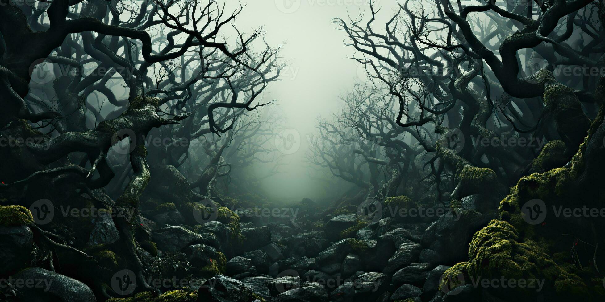 AI Generated. AI Generative. Spooky horror evil dark gothic halloween forest jungle twisted tree branches decoration background. Graphic Art photo