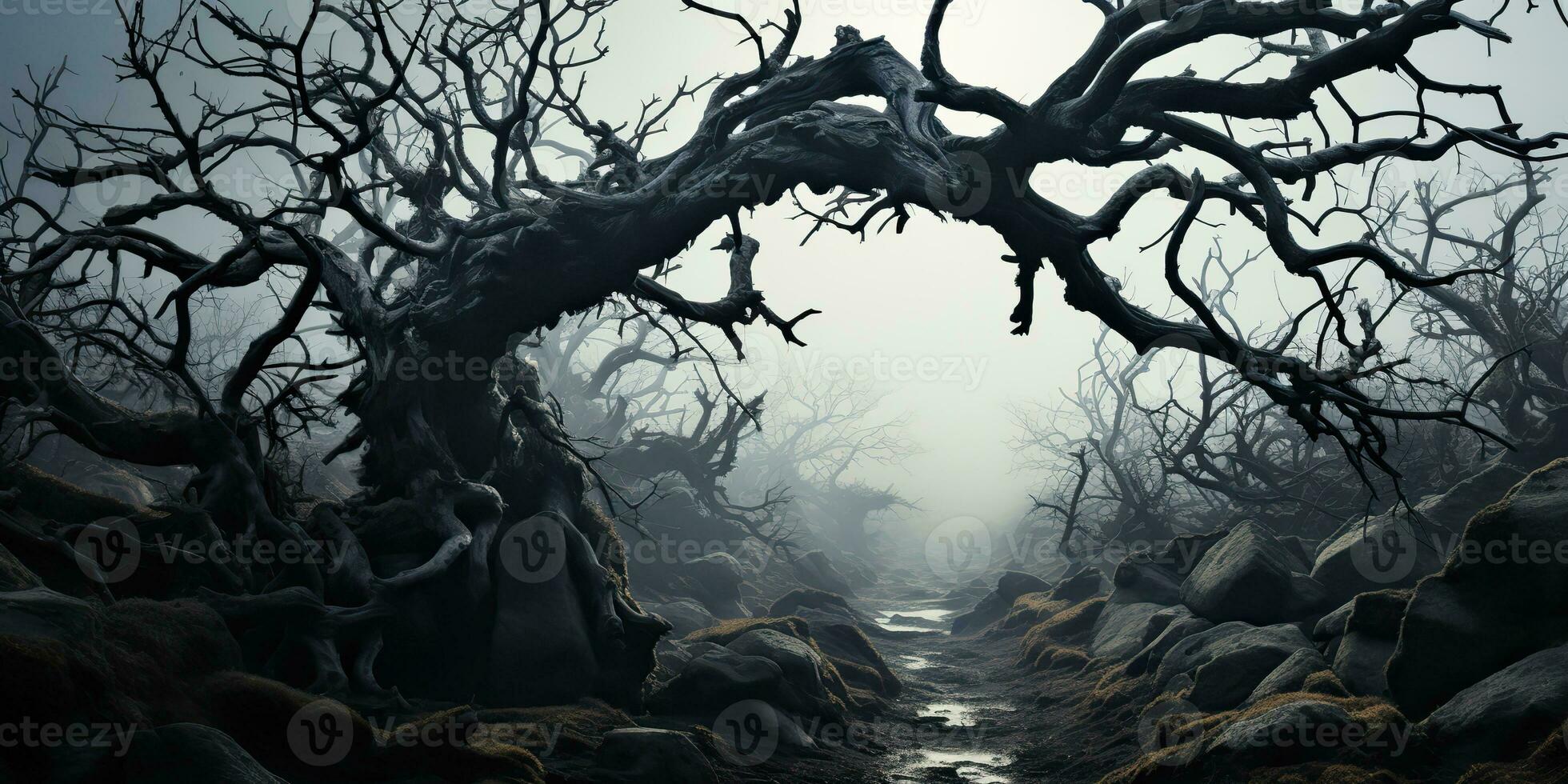 AI Generated. AI Generative. Spooky horror evil dark gothic halloween forest jungle twisted tree branches decoration background. Graphic Art photo