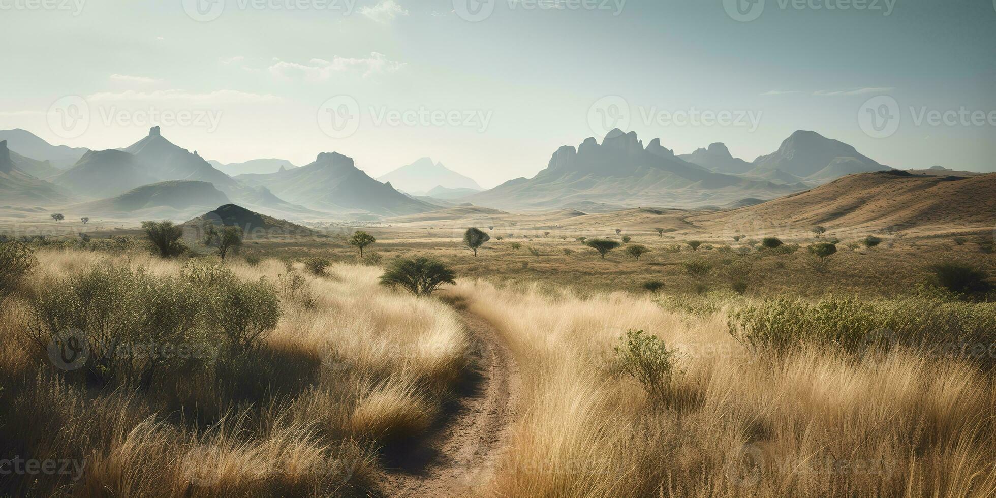 AI Generated. AI Generative. Wild outdoor nature South Africa landscape background with mountains and field. Graphic Art photo