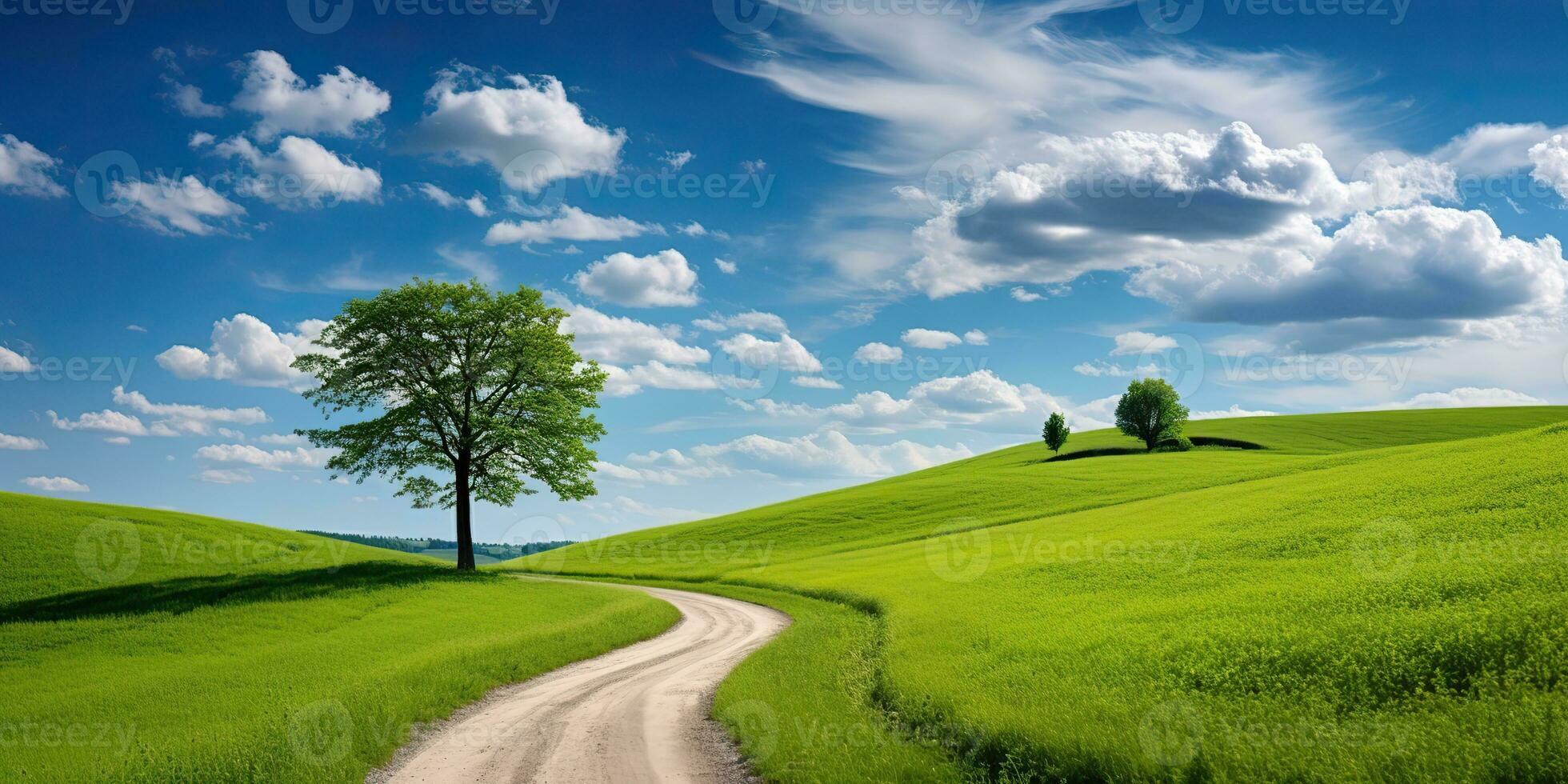 ai generado. ai generativo. naturaleza al aire libre paisaje bacgkround con colina montaña campo prado campo y la carretera. gráfico Arte foto