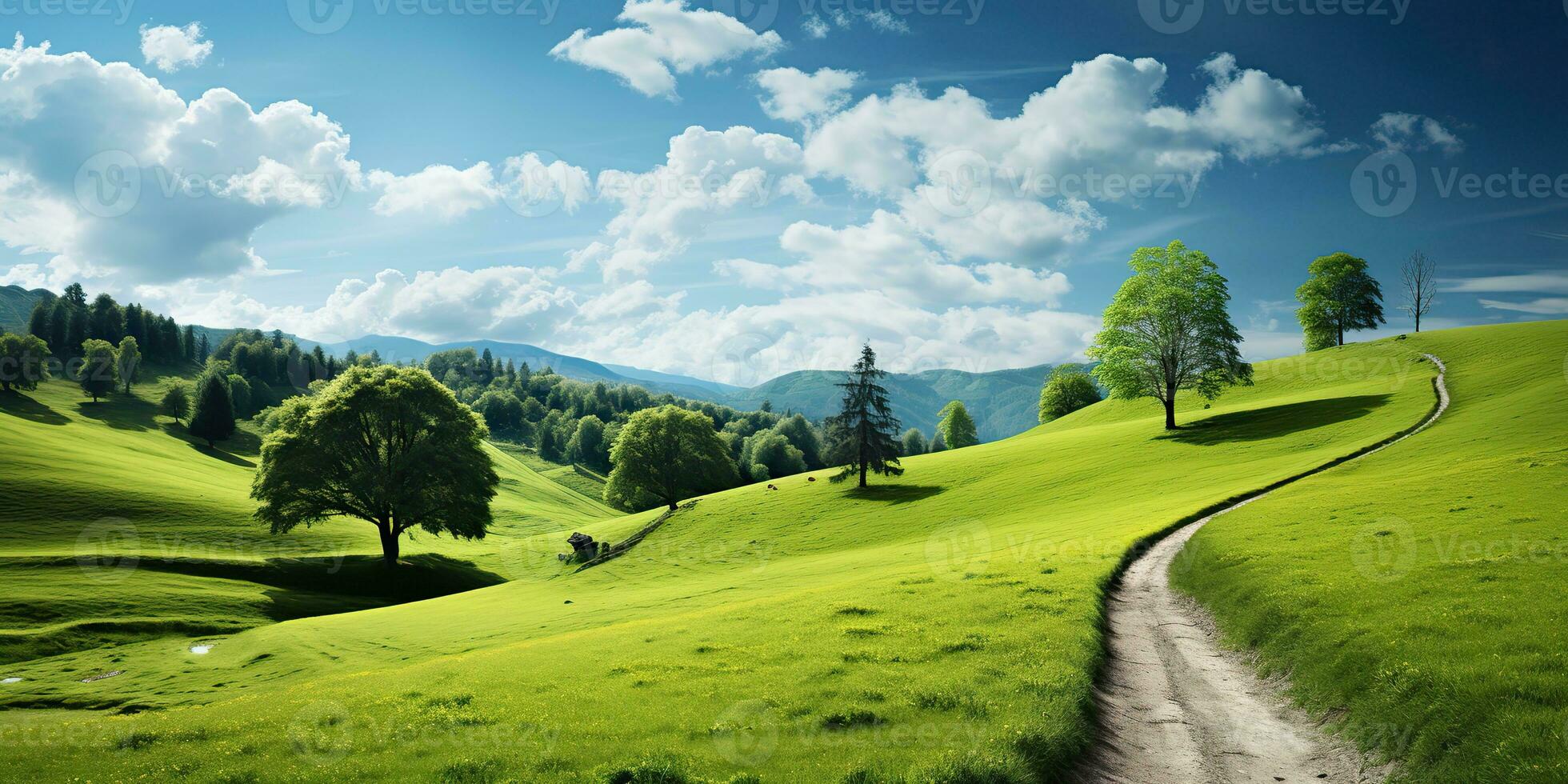 ai generado. ai generativo. naturaleza al aire libre paisaje bacgkround con colina montaña campo prado campo y la carretera. gráfico Arte foto