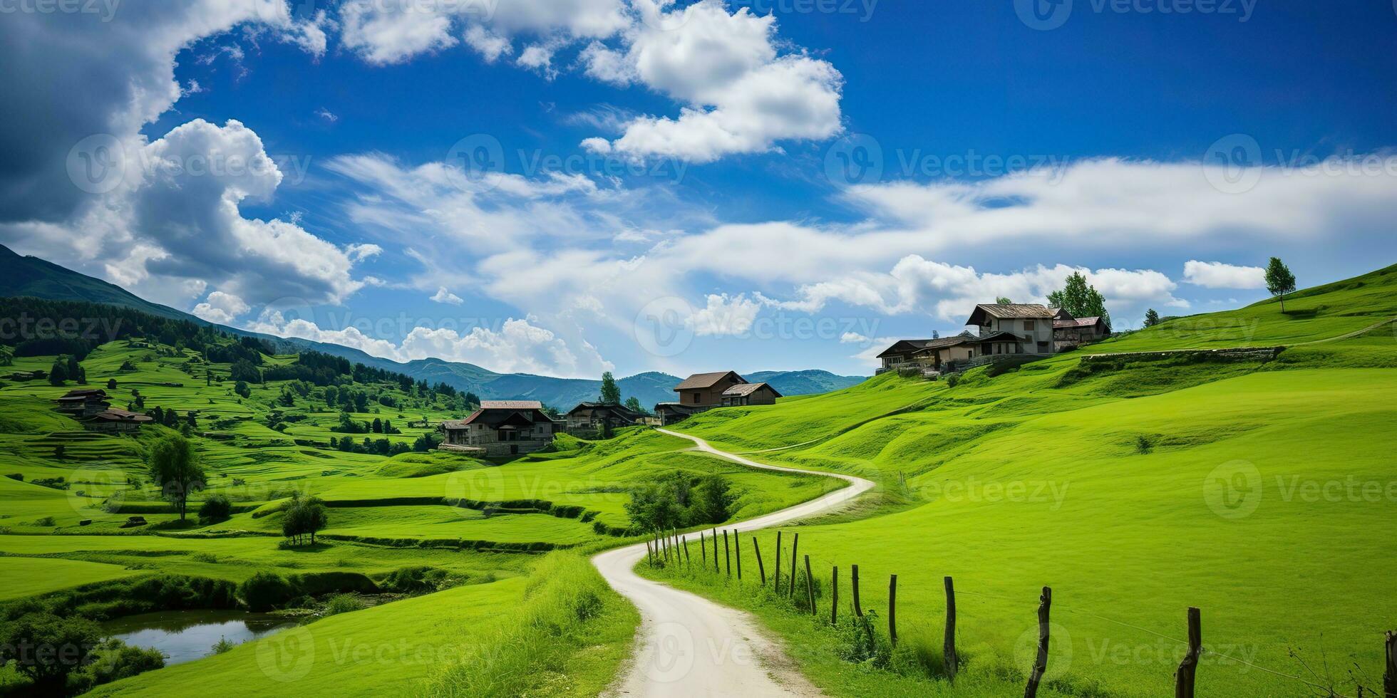 ai generado. ai generativo. naturaleza al aire libre paisaje bacgkround con colina montaña campo prado campo y la carretera. gráfico Arte foto