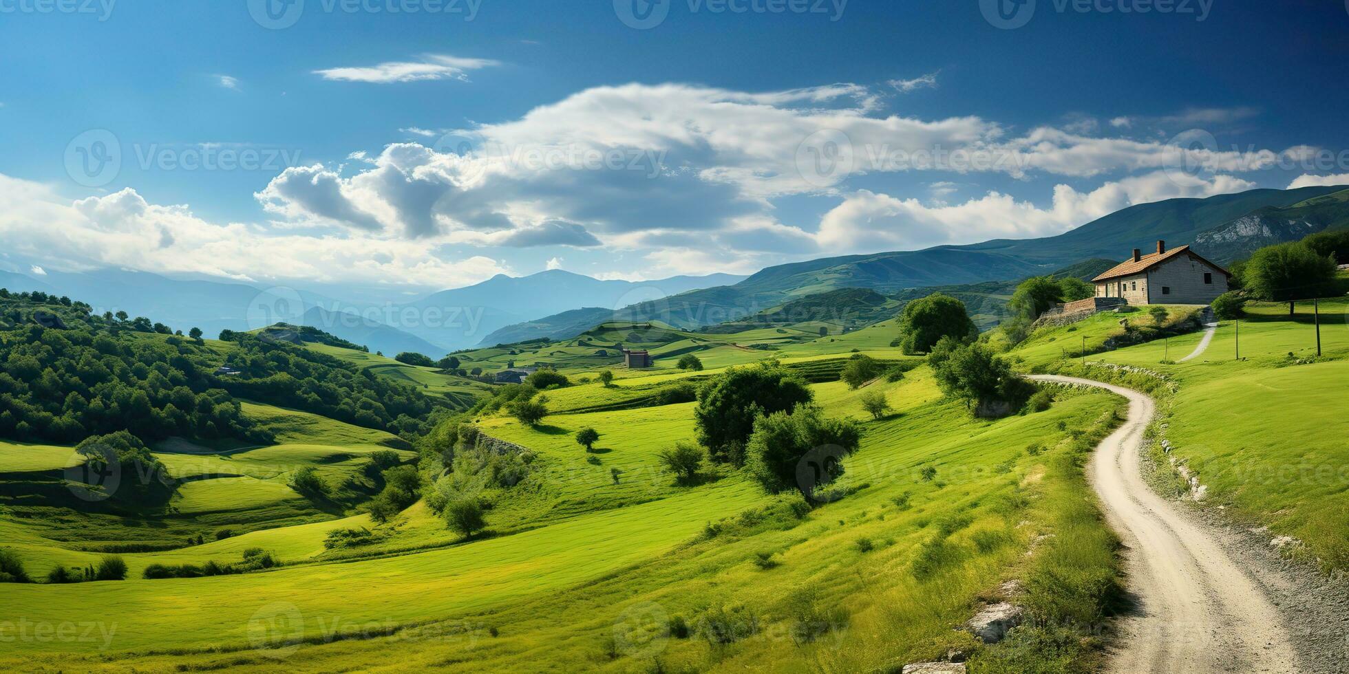 AI Generated. AI Generative. Nature outdoor landscape bacgkround with hill mountain field meadow countryside and road. Graphic Art photo