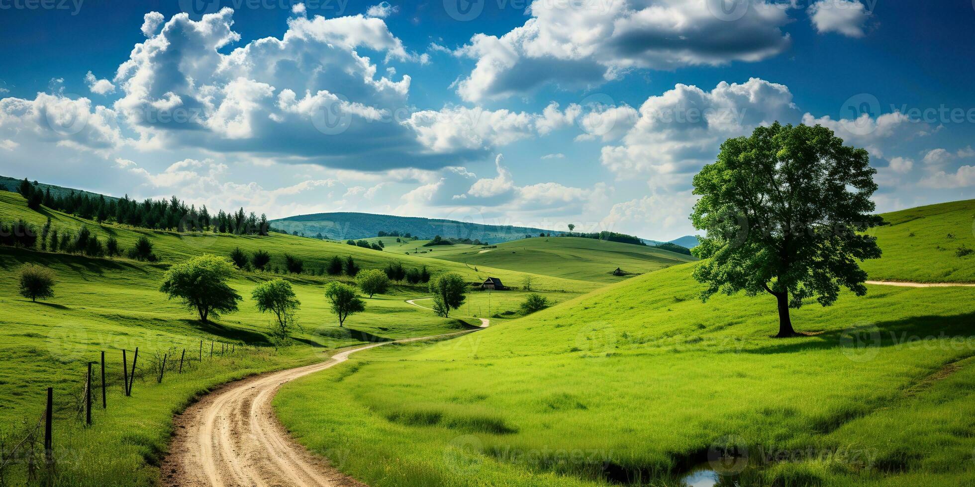 ai generado. ai generativo. naturaleza al aire libre paisaje bacgkround con colina montaña campo prado campo y la carretera. gráfico Arte foto