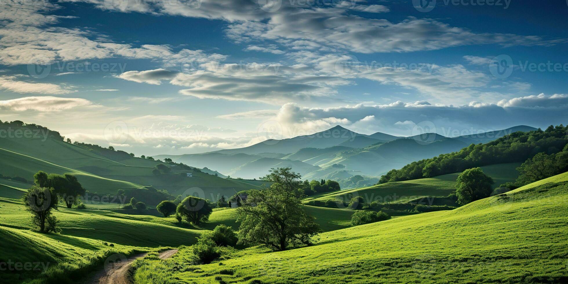 ai generado. ai generativo. naturaleza al aire libre paisaje bacgkround con colina montaña campo prado campo y la carretera. gráfico Arte foto