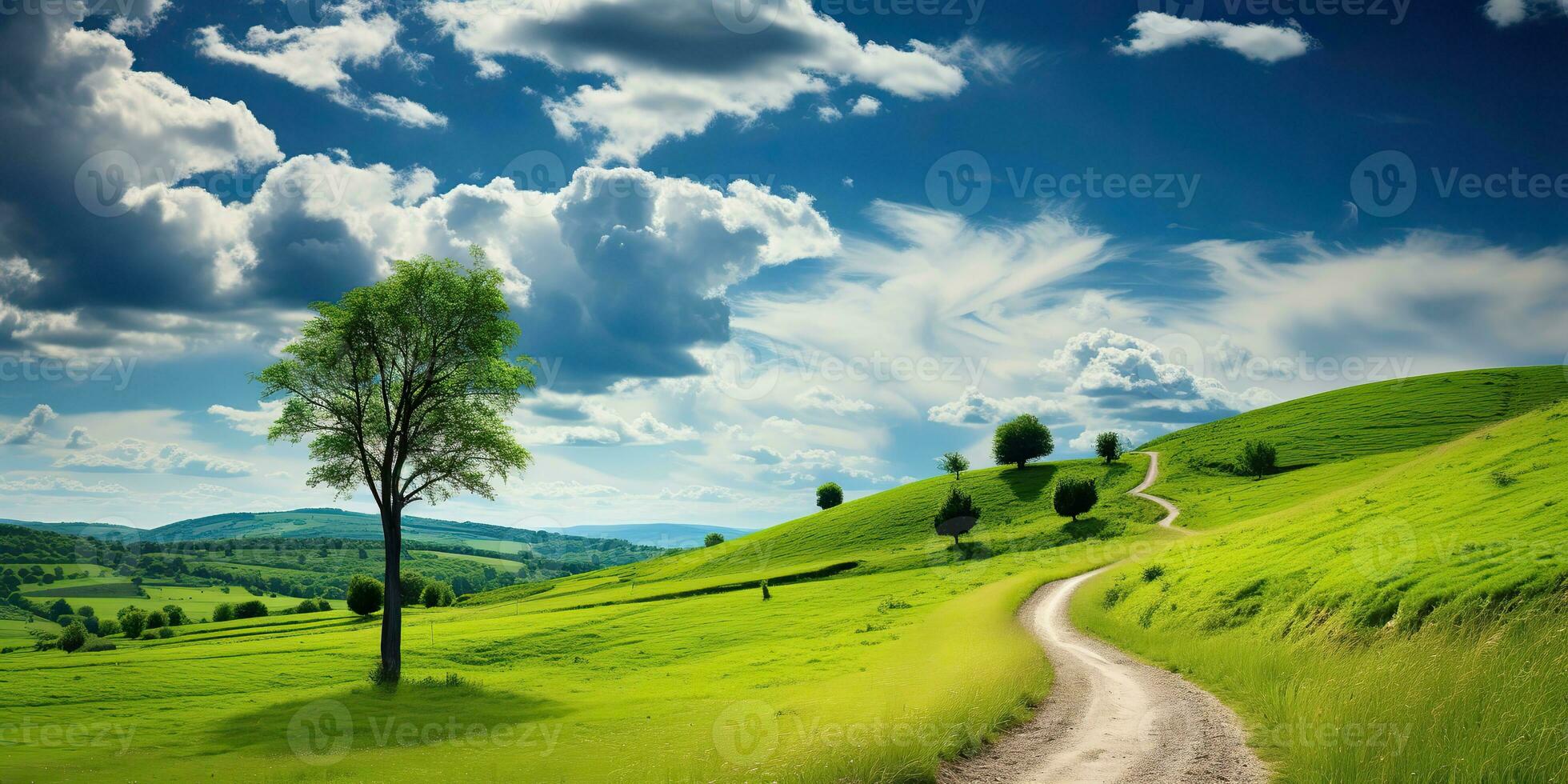 ai generado. ai generativo. naturaleza al aire libre paisaje bacgkround con colina montaña campo prado campo y la carretera. gráfico Arte foto