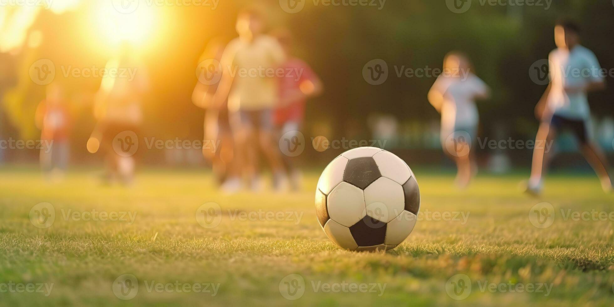 AI Generated. AI Generative. Soccer football game on green field. Active sport fit training background. Graphic Art photo
