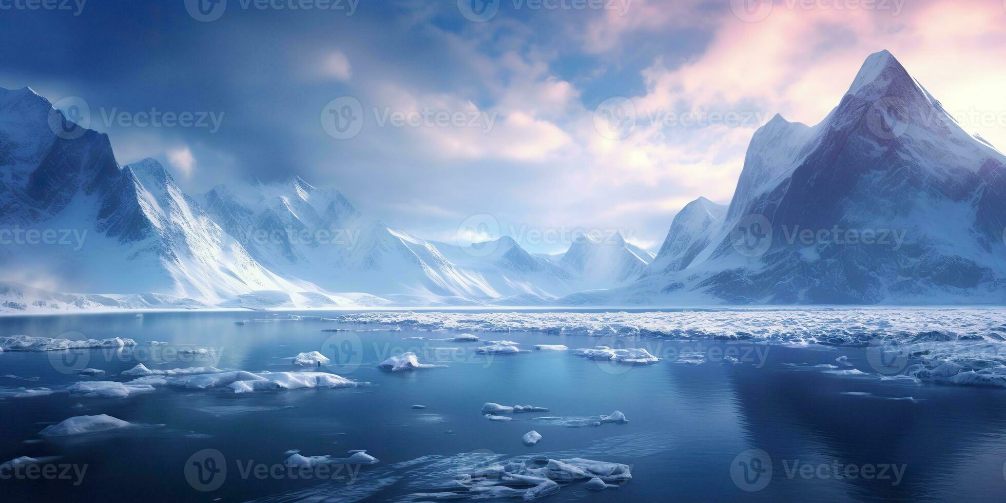 AI Generated. AI Generative. Winter ice snow frozen lake nature outdoor background with mountains landscape. Graphic Art photo