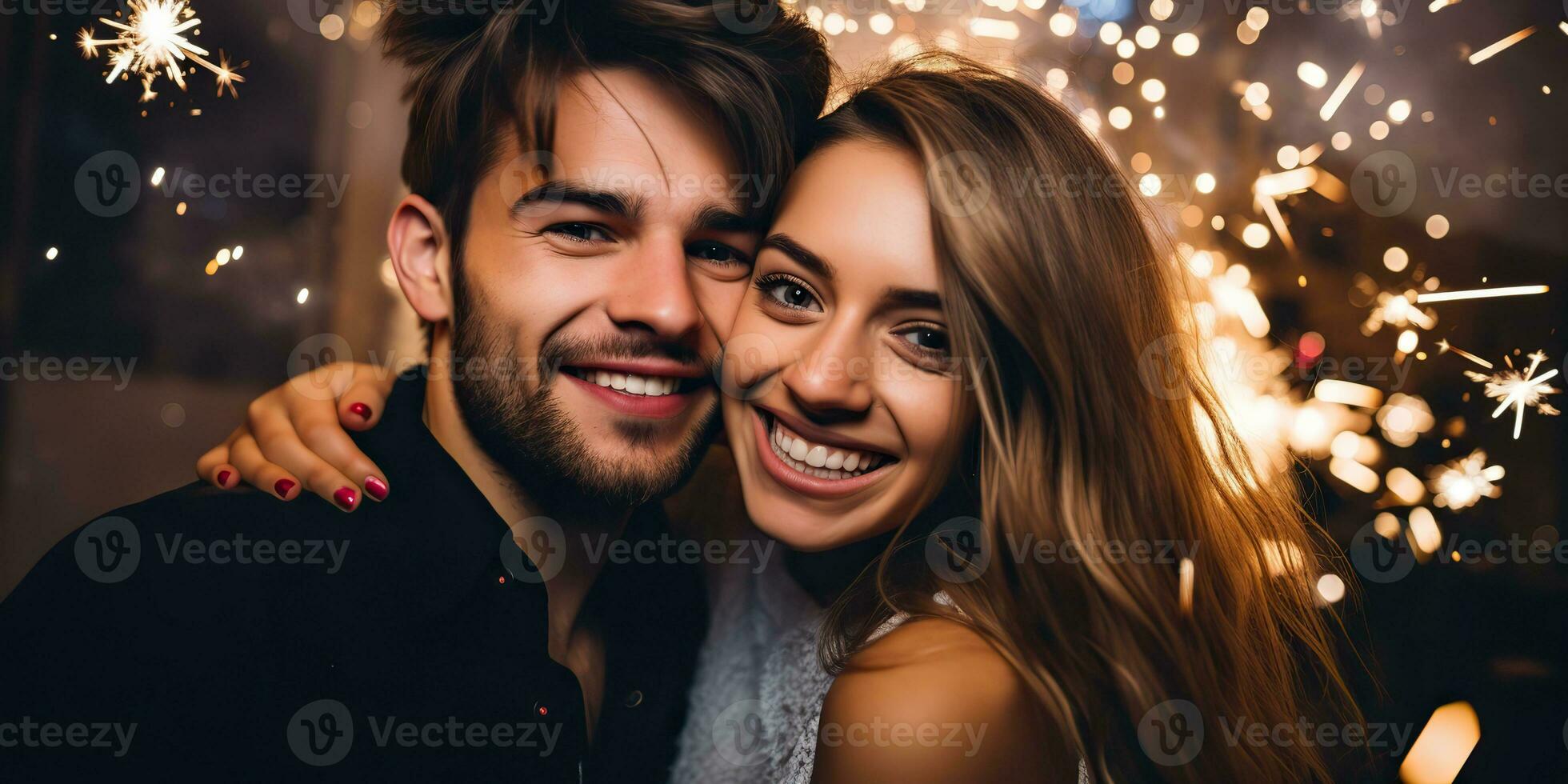 AI Generated. AI Generative. Couple of lovers man and woman celebrating New Year Merry Christmas night eve. Romantic love photo illustration. Graphic Art