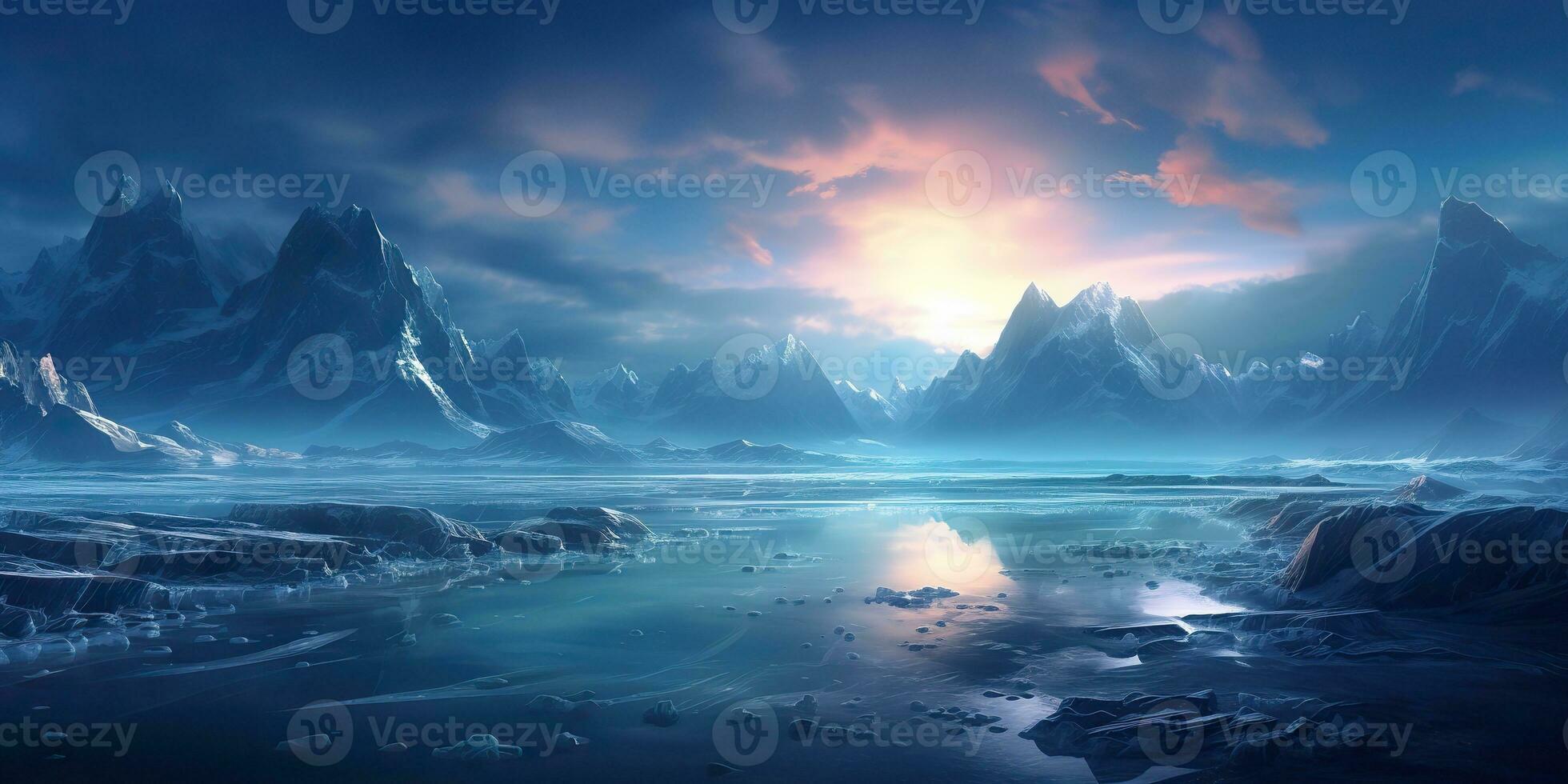 AI Generated. AI Generative. Winter ice snow frozen lake nature outdoor background with mountains landscape. Graphic Art photo