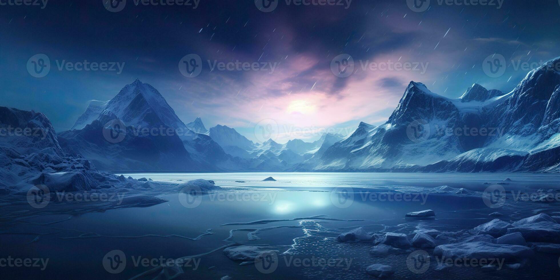 AI Generated. AI Generative. Winter ice snow frozen lake nature outdoor background with mountains landscape. Graphic Art photo