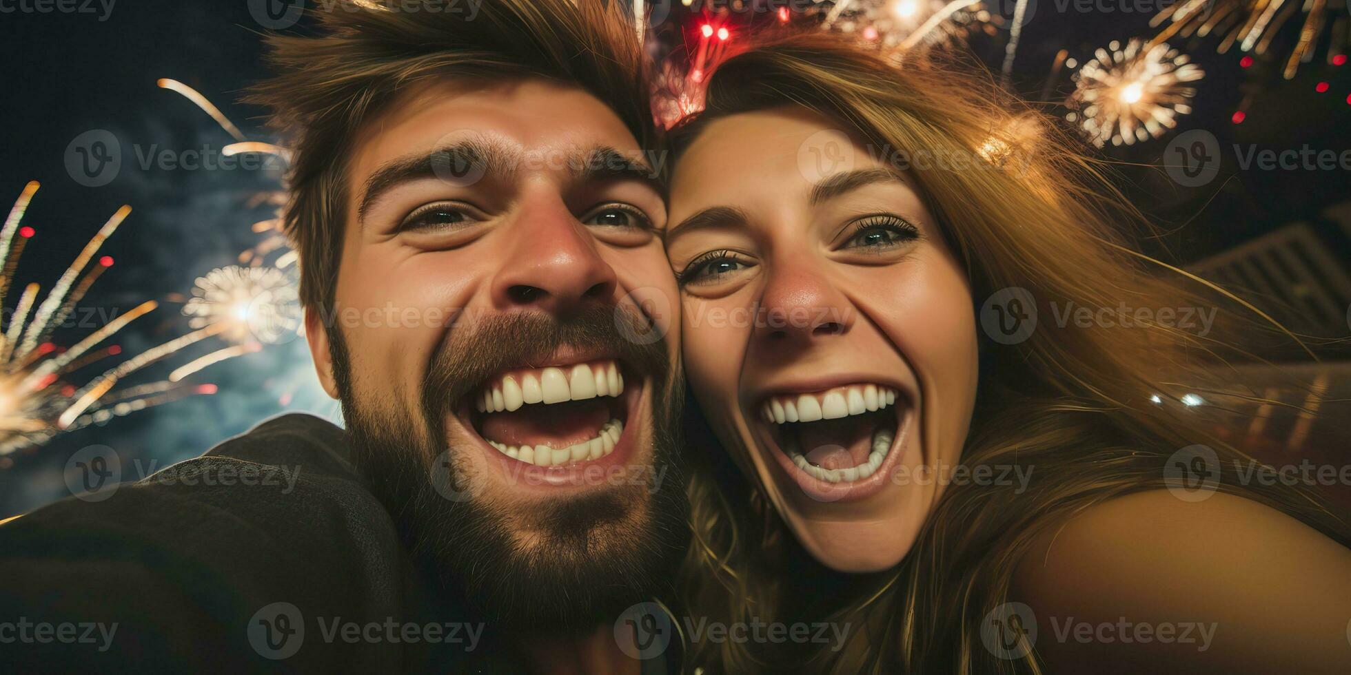 AI Generated. AI Generative. Couple of lovers man and woman celebrating New Year Merry Christmas night eve. Romantic love photo illustration. Graphic Art