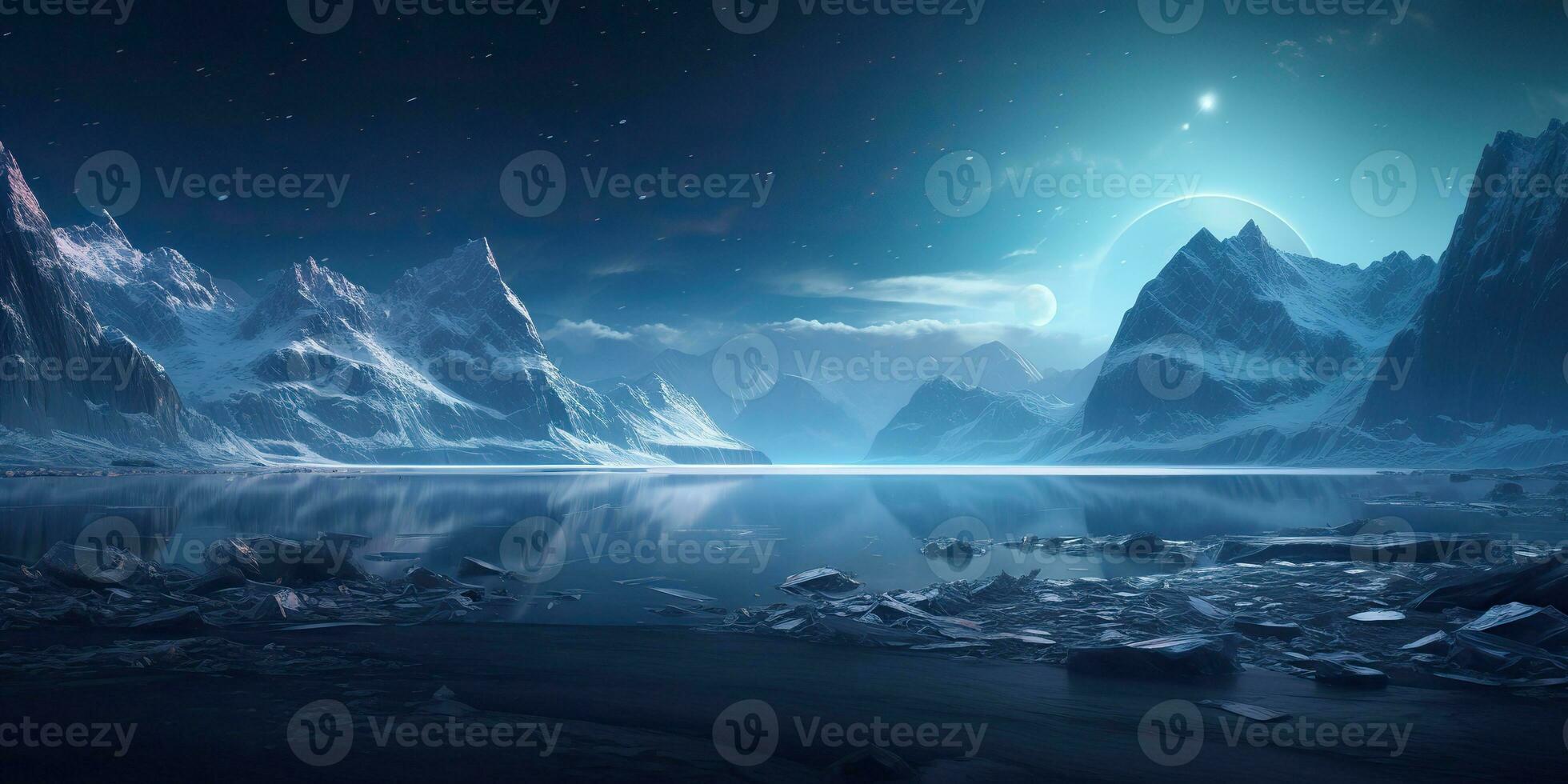 AI Generated. AI Generative. Winter ice snow frozen lake nature outdoor background with mountains landscape. Graphic Art photo