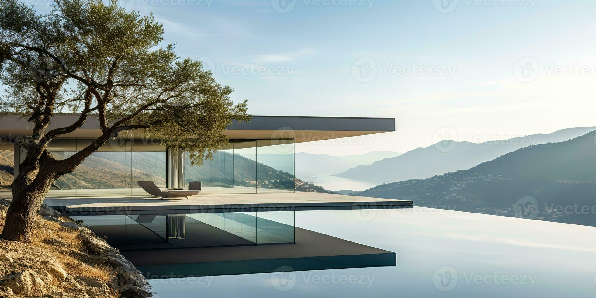 AI Generated. AI Generative. Modern luxury villa house luxury hotel relaxing architecture with swimming pool decoration. Graphic Art photo