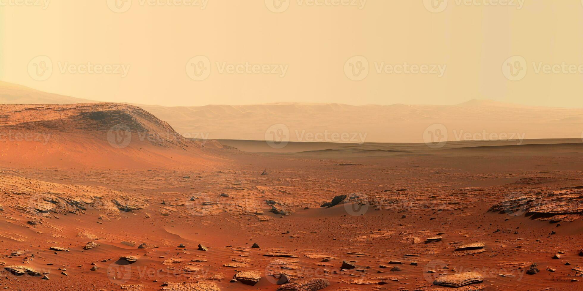 AI Generated. AI Generative. Nature outdoor martian planet surface landscape background. Red galaxy planet travel exploration. Graphic Art photo