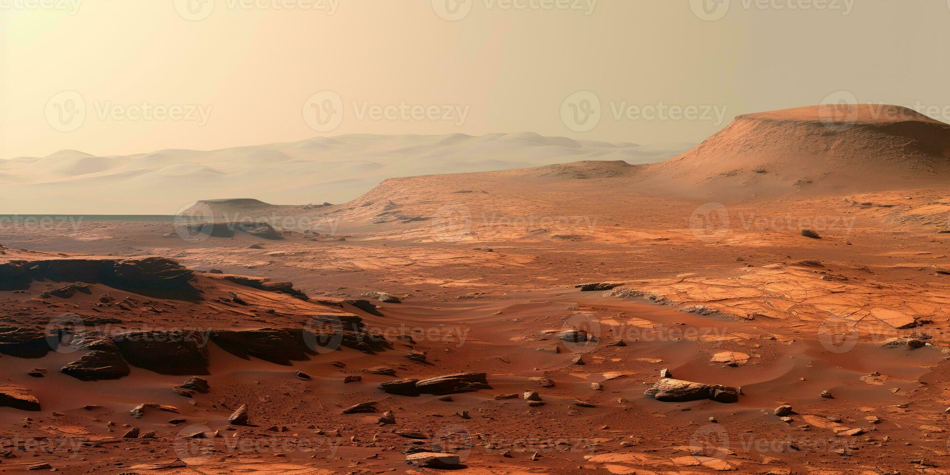 AI Generated. AI Generative. Nature outdoor martian planet surface landscape background. Red galaxy planet travel exploration. Graphic Art photo