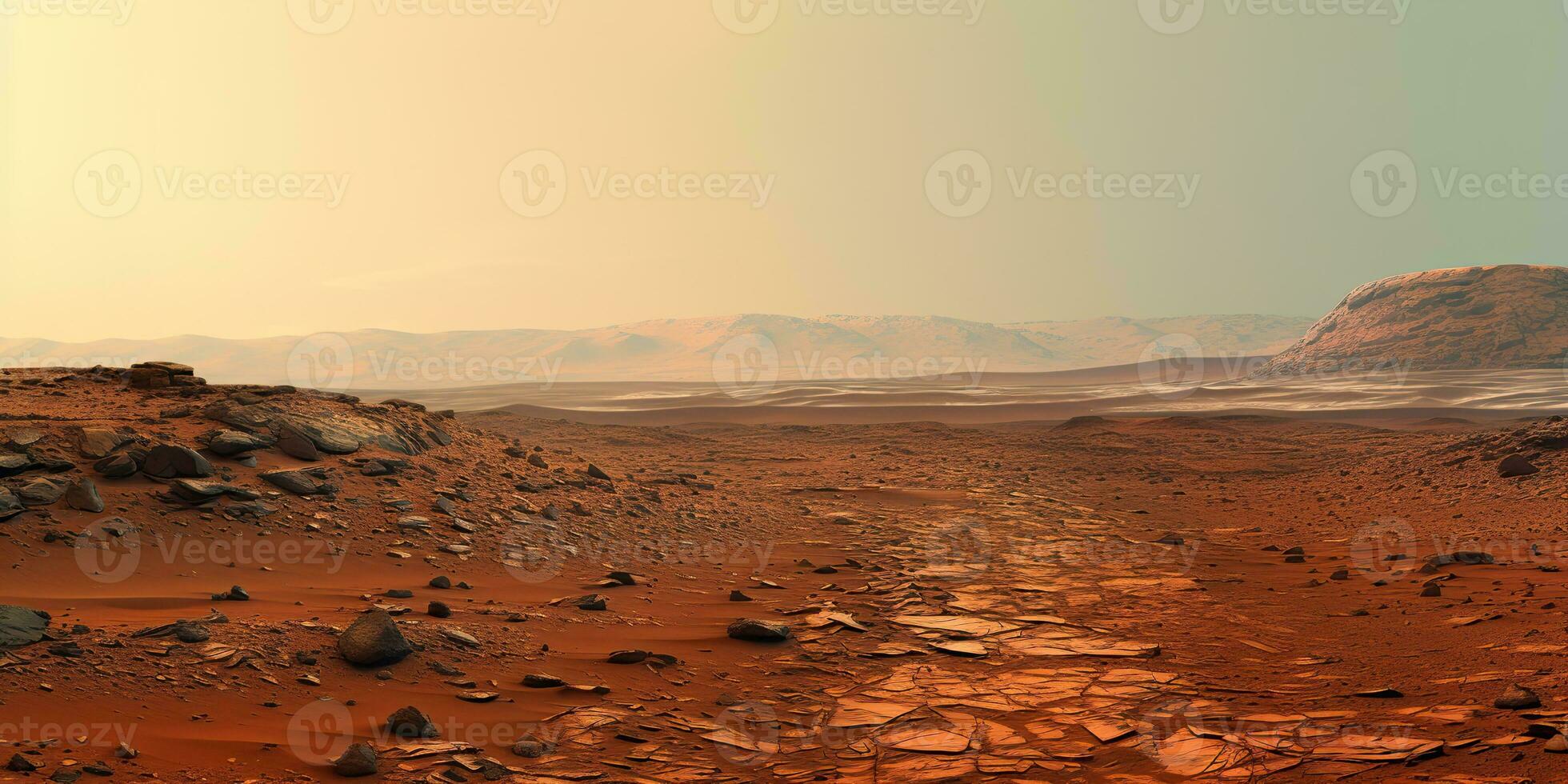AI Generated. AI Generative. Nature outdoor martian planet surface landscape background. Red galaxy planet travel exploration. Graphic Art photo
