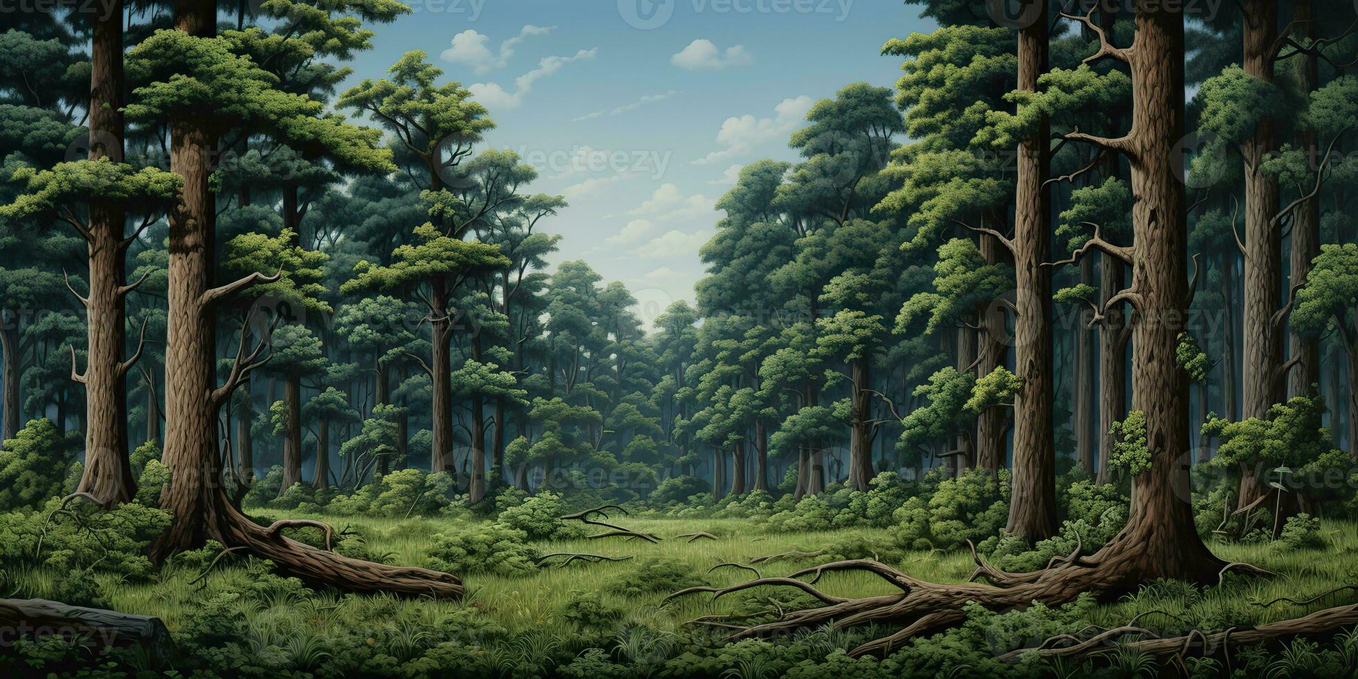 AI Generated. AI Generative. Pine forest outdoor nature landscape background. Graphic Art photo