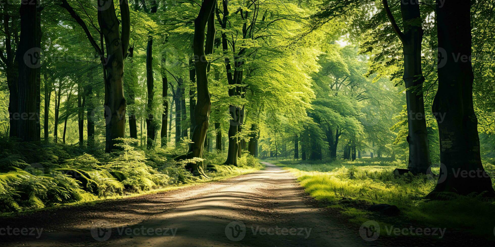 AI Generated. AI Generative. Outdoor nature adventure forest walk path road adventures background. Graphic Art photo