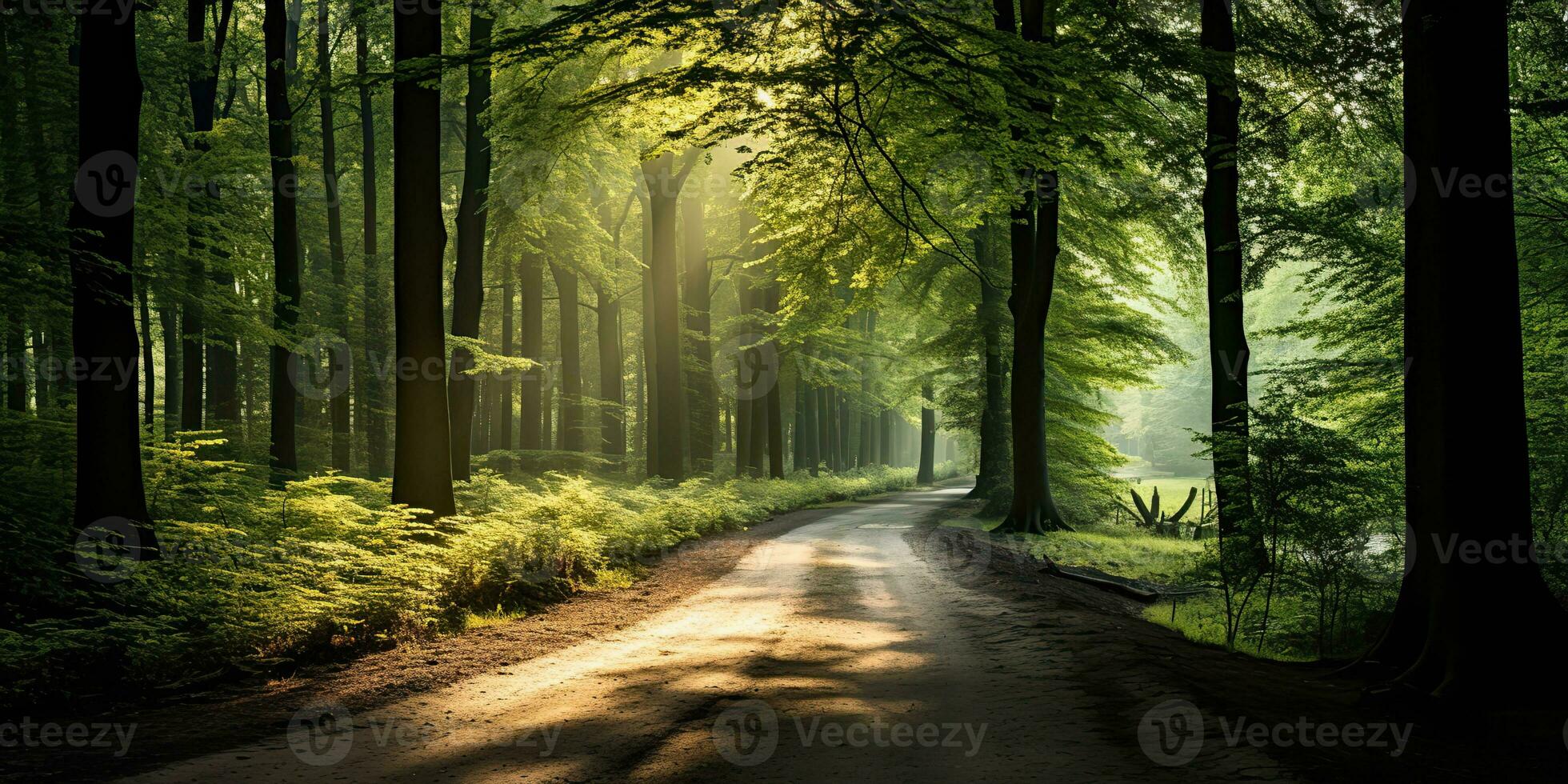 AI Generated. AI Generative. Outdoor nature adventure forest walk path road adventures background. Graphic Art photo