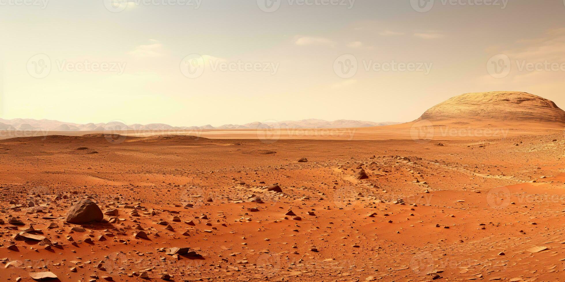 AI Generated. AI Generative. Nature outdoor martian planet surface landscape background. Red galaxy planet travel exploration. Graphic Art photo