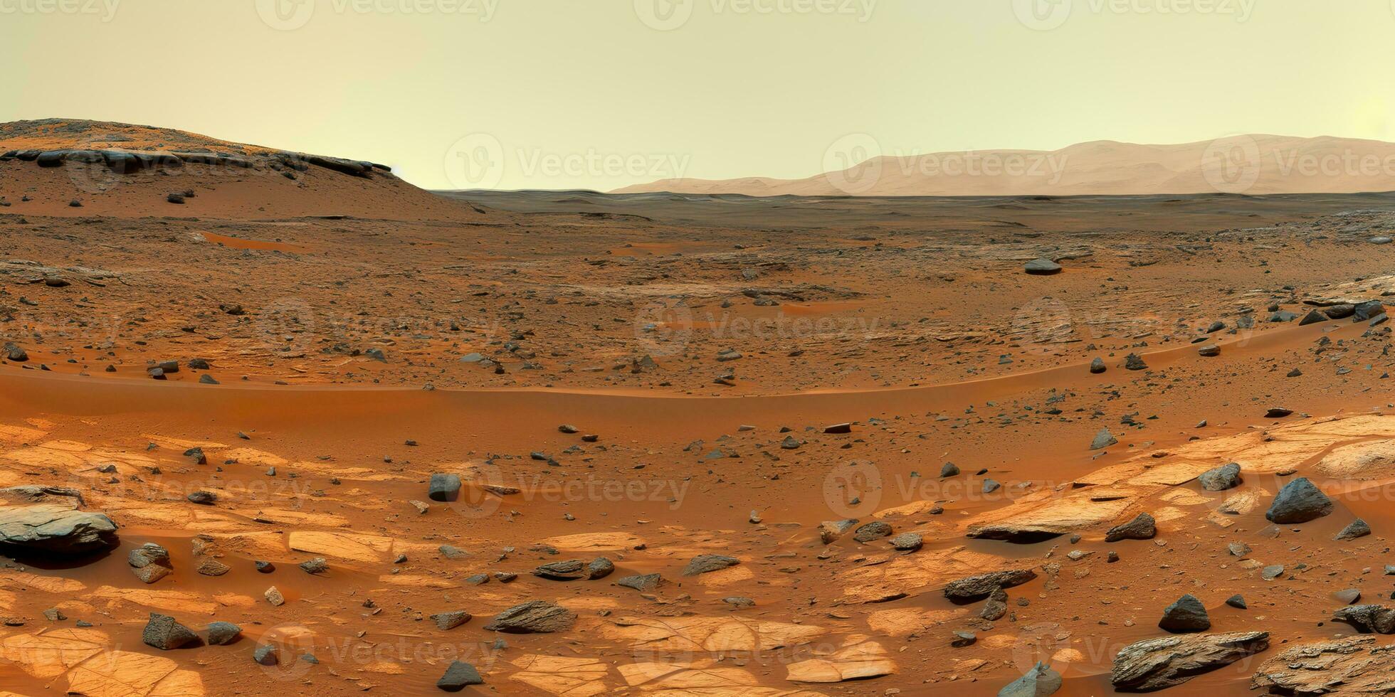 AI Generated. AI Generative. Nature outdoor martian planet surface landscape background. Red galaxy planet travel exploration. Graphic Art photo