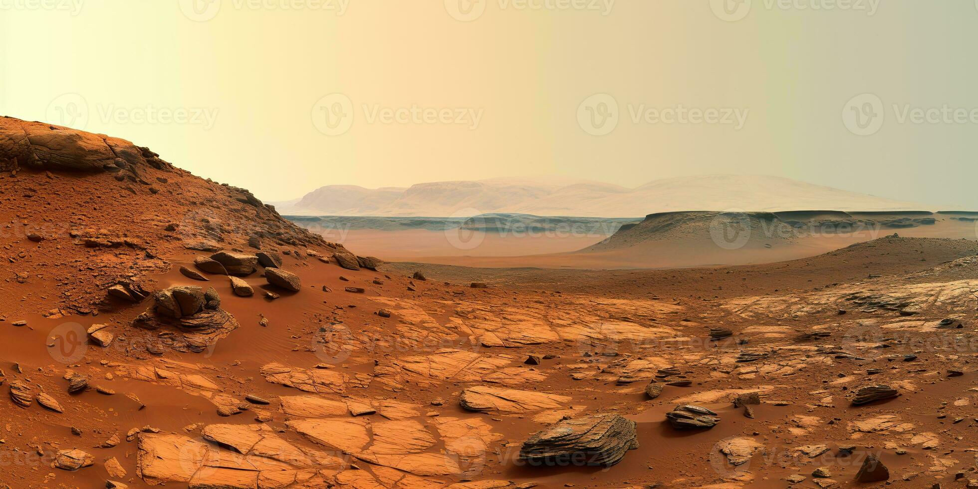 AI Generated. AI Generative. Nature outdoor martian planet surface landscape background. Red galaxy planet travel exploration. Graphic Art photo