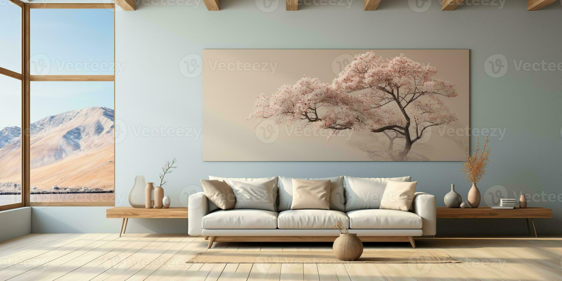 AI Generated. AI Generative.Hige luxury modern light livingroom with frame tree and soft cozy colors.  Graphic Art photo