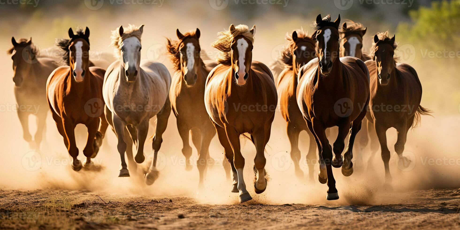 AI Generated. AI Generative. Group of horses running outdoor nature background. Wild life animal decoration. Graphic Art photo