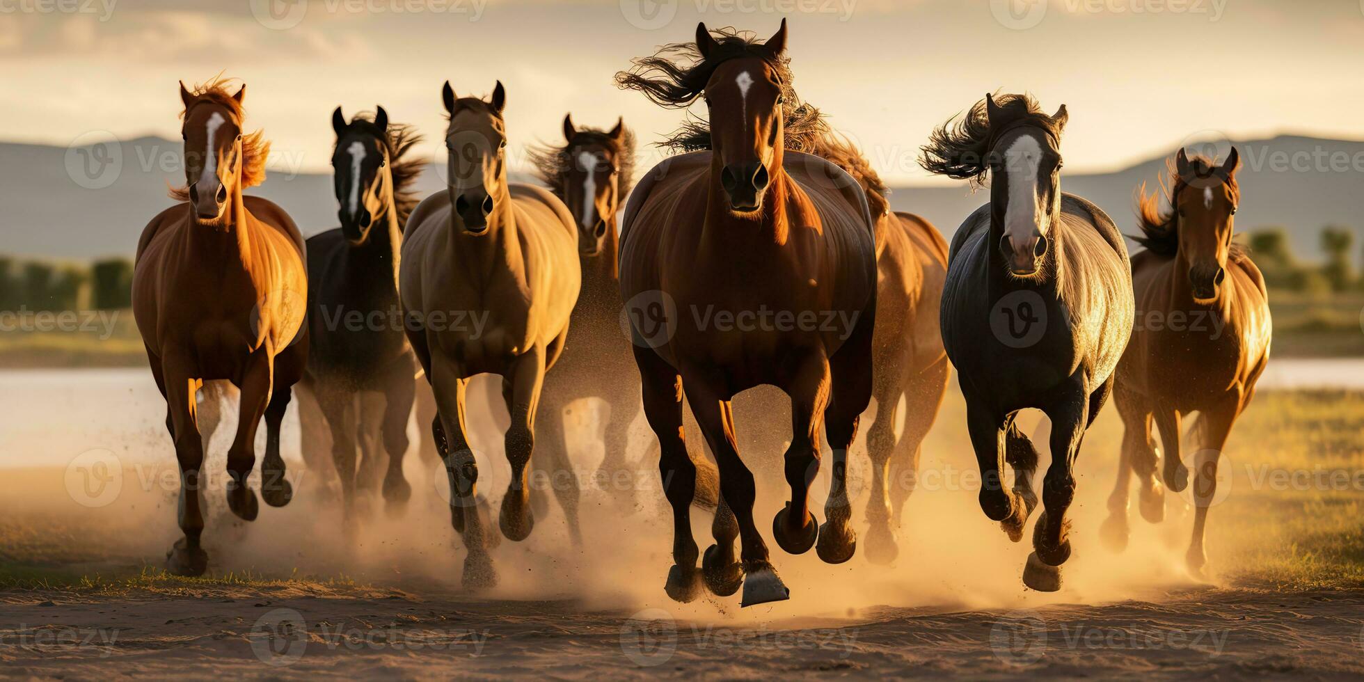 AI Generated. AI Generative. Group of horses running outdoor nature background. Wild life animal decoration. Graphic Art photo