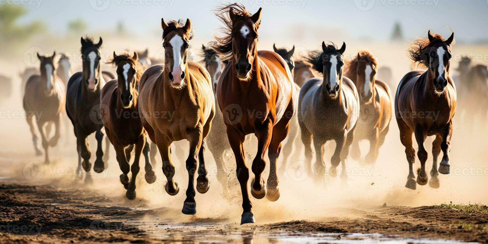 AI Generated. AI Generative. Group of horses running outdoor nature background. Wild life animal decoration. Graphic Art photo