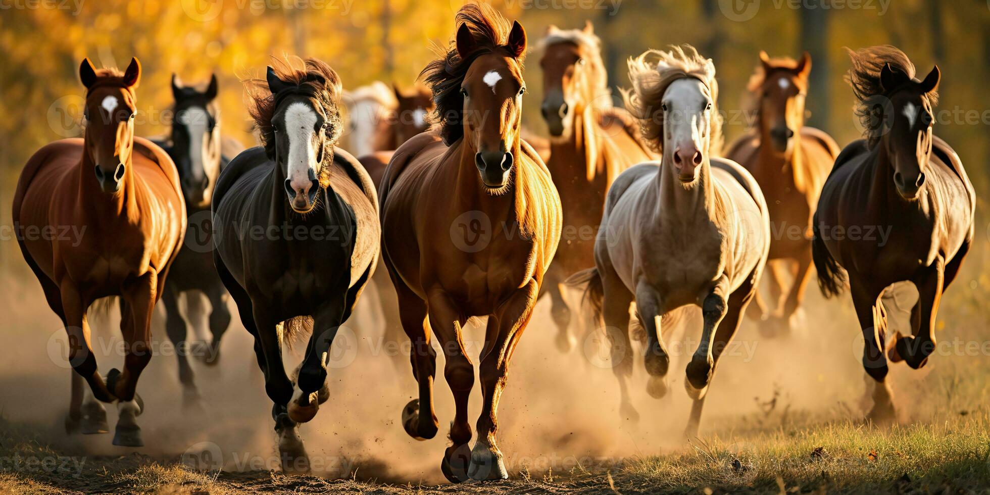 AI Generated. AI Generative. Group of horses running outdoor nature background. Wild life animal decoration. Graphic Art photo