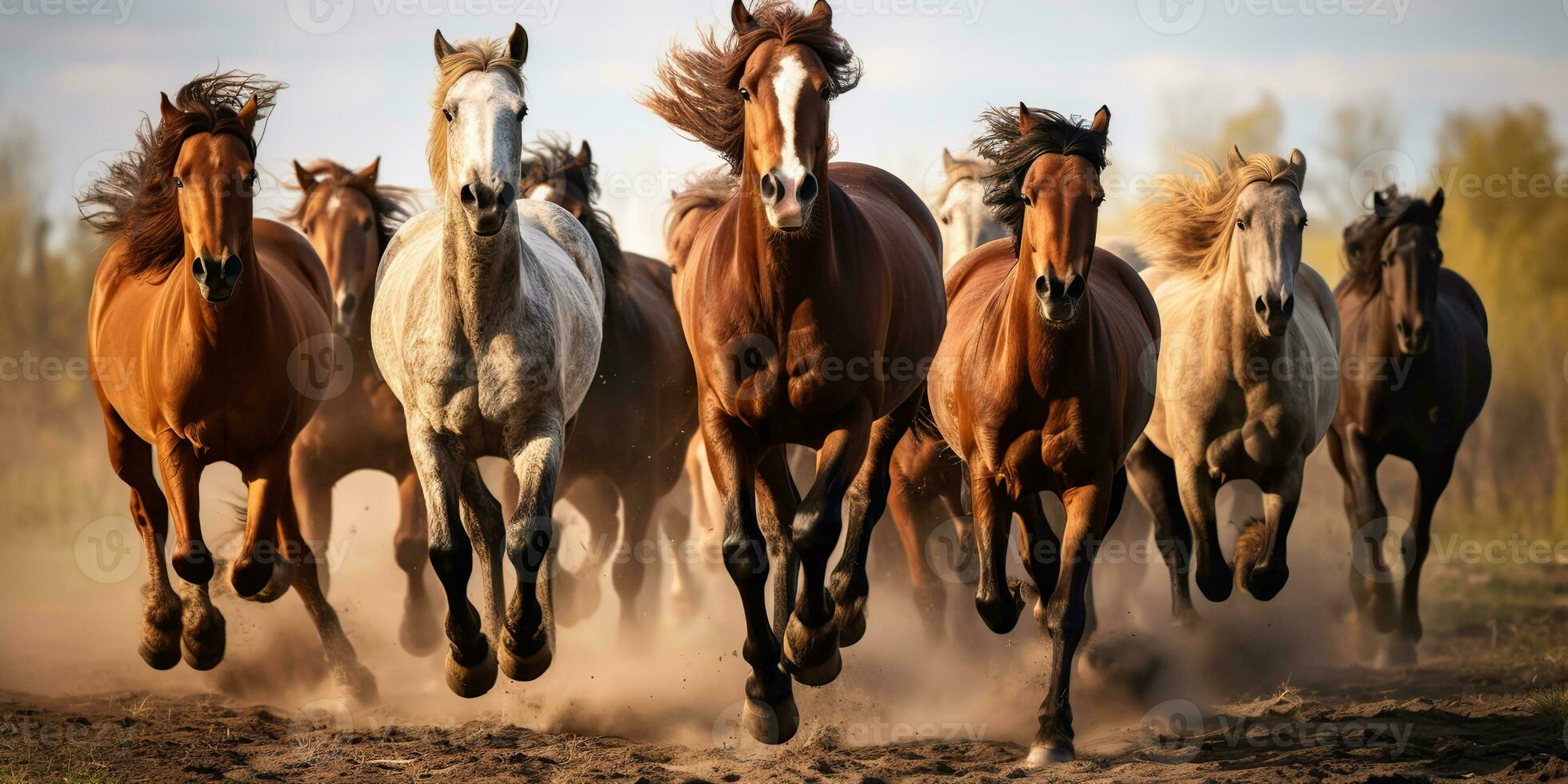 AI Generated. AI Generative. Group of horses running outdoor nature background. Wild life animal decoration. Graphic Art photo