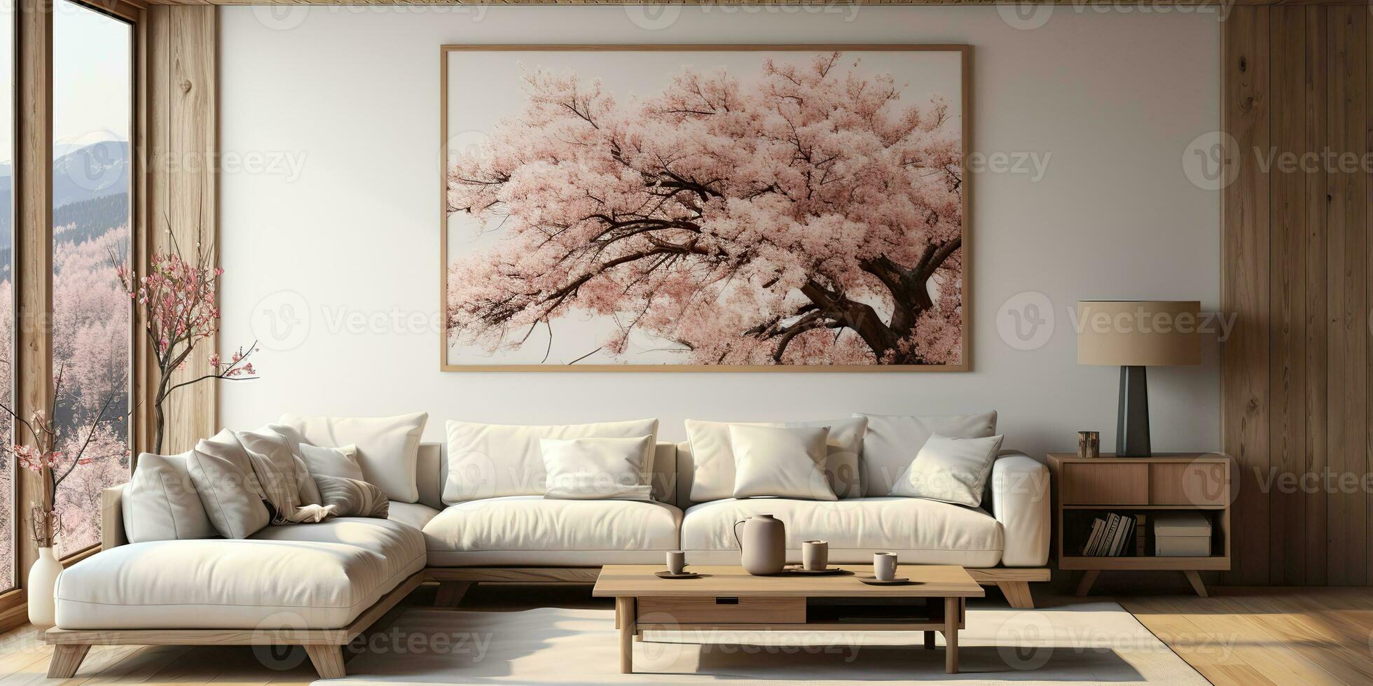 AI Generated. AI Generative.Hige luxury modern light livingroom with frame tree and soft cozy colors.  Graphic Art photo