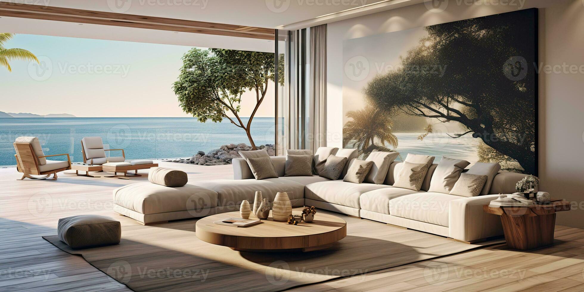 AI Generated. AI Generative. Luxury hotel villa house patio mansion style living relaxing room with big window and view on sea ocean landscape background.  Graphic Art photo