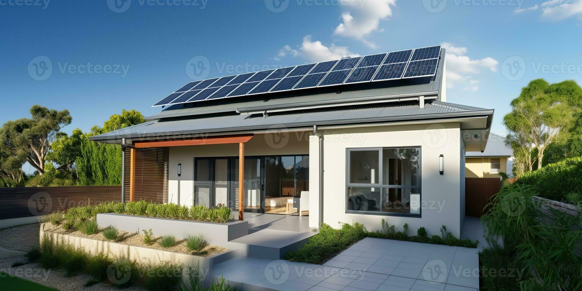 ai generado. ai generativo. alternativa poder electricidad techo casa solar panel. moderno arquitectura edificio. gráfico Arte foto