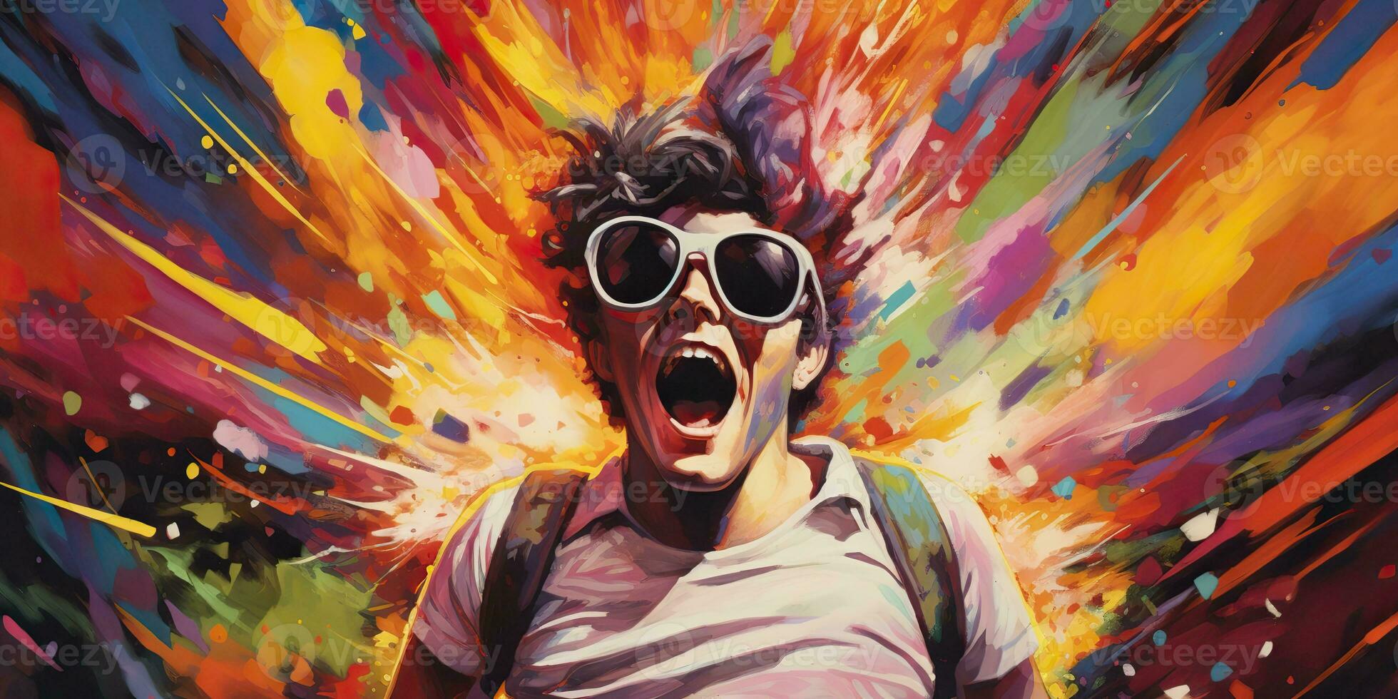 ai generado. ai generativo. vibrante multi color explosión holi polvo auge con hermoso hombre retrato en Gafas de sol. gráfico Arte foto