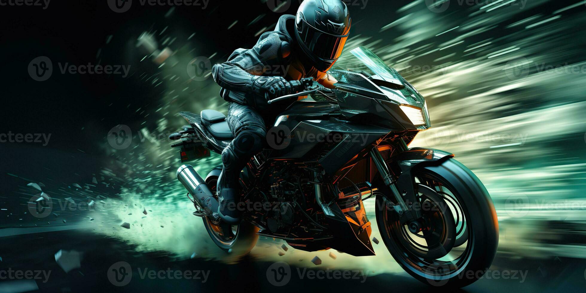 AI Generated. AI Generative. Motorbike biker rider on sport future motorcycle in motion move. Cyberpunk synthwave vibe. Graphic Art photo
